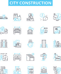 City construction vector line icons set. Urbanization, architecture, infrastructure, building, redevelopment, planning, growth illustration outline concept symbols and signs