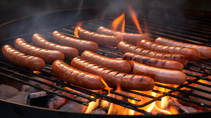 Grilled meat on the grill, fire roasting hot dogs.