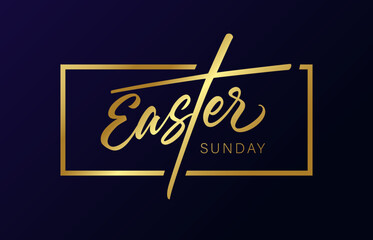 Easter Sunday, golden calligraphy in frame. Elegant inscription for Easter card or poster template. Christian typography banner. Vector illustration