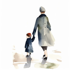 Minimalistic artistic watercolor image of a Lowry inspired scene. Depicting mother and child walking together
