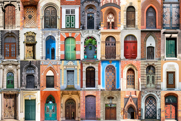 Various doors. Photo collage and travel concept - obrazy, fototapety, plakaty