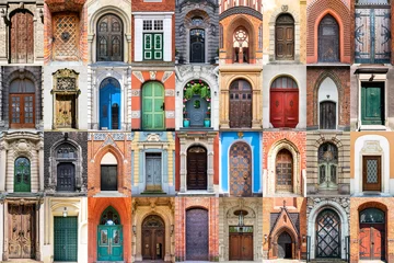 Wall murals Old building Various doors. Photo collage and travel concept