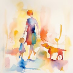 Minimalistic artistic watercolor image of a Lowry inspired scene. Depicting mother and child walking together