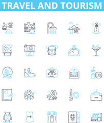 Travel and tourism vector line icons set. Voyage, Trip, Adventure, Tour, Excursion, Sightseeing, Jaunt illustration outline concept symbols and signs