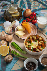 Baked ground meat with eggs and toast and ingredients