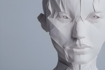 Origami human head faces. Virtual concept. Total control, limitations, loss of self, computer technology in everyday life. generative AI