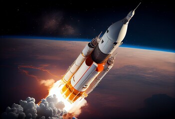 Obraz na płótnie Canvas 3D illustration of Spaceship launch from Earth. Mission to Moon. SLS space rocket. Orion spacecraft. Artemis space program to research solar system. Elements of this image furnished by. Generative AI