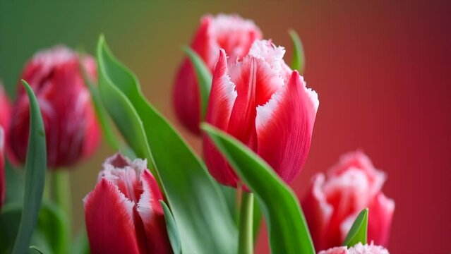 Tulip flowers bunch. Blooming red tulips flower on colourful background, closeup. Holiday gift, bouquet, buds. Beautiful flowers macro shot. Valentine's Day gift, love concept, Easter flowers rotating
