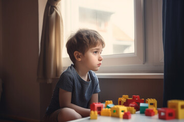 sad autistic boy sit next to a window with toys, created with Generative AI Technology