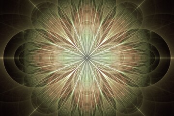 Fototapeta premium Green orange floral pattern of crooked waves on a black background. Abstract fractal 3D rendering