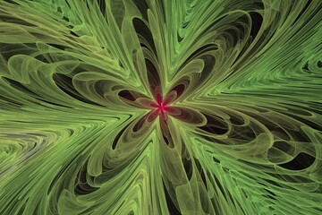 Green floral pattern of crooked waves on a black background. Abstract fractal 3D rendering