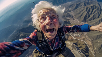 Senioren haben Spaß beim Fallschirmfliegen Lebensfreude Klettern Illustration (Generative AI) Digital Art Kunst Background Cover Magazin 