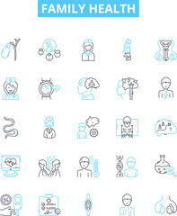 Family health vector line icons set. Family, Health, Wellbeing, Nutrition, Exercise, Lifestyle, Pediatric illustration outline concept symbols and signs