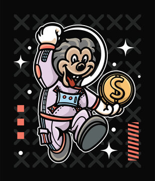 Monkey wearing astronaut suit and holding a coin illustration