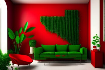 red furniture and green plants and red wall background , interior living room - generative ai
