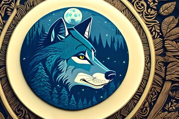 A mystical adventure scene with a wolf and a full moon Generative AI.