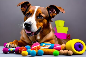A digital painting of a playful dog with its tongue out, surrounded by colorful dog toys and treats Generative AI.