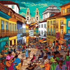 Vibrant Pelourinho district in Salvador, Bahia: colorful buildings, street musicians, cobblestone streets, rich Afro-Brazilian culture. generative ai