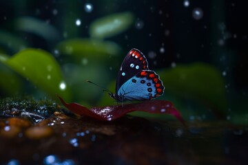 colorful butterfly sitting on a wet leaf