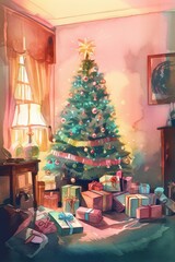 Fototapeta na wymiar christmas tree on a warm room, christimas spirit