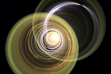 Yellow multicolored double swirling pattern of crooked waves on a black background. Abstract fractal 3D rendering