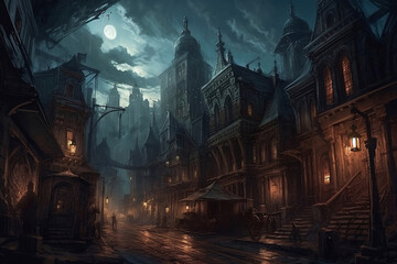 Fototapeta na wymiar horror mysterious city at night fantasy, generative ai