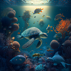 Fototapeta na wymiar Coral reef with turtle and fishes. Illustration. Generative ai.