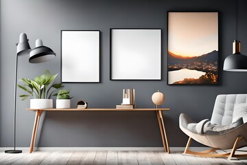mock up poster frame in modern interior background, home office, Scandinavian style, 3D render, 3D illustration