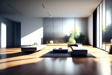 contemporary empty living room, concrete floors, wooden ceilings and blank white walls for copy space, sunlight entering the room - generative ai
