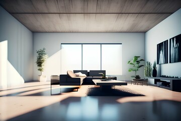 contemporary empty living room, concrete floors, wooden ceilings and blank white walls for copy space, sunlight entering the room - generative ai
