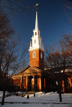 The Memorial Church Stands On The Campus Of Harvard University, On The Main Harvard Yard, On A Snowy Winter Day