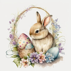 Cute watercolour little rabbit with a bow ribbon on neck in basket with easter eggs, flowers, on white background in soft colours