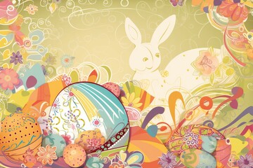 Easter Scrapbook Scrapbooking Stationary Colorful Background with Easter Bunny Eggs Basket Vector Illustration