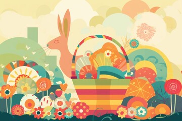 Fototapeta na wymiar Easter Scrapbook Scrapbooking Stationary Colorful Background with Easter Bunny Eggs Basket Vector Illustration