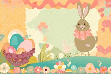 Easter Scrapbook Scrapbooking Stationary Colorful Background with Easter Bunny Eggs Basket Vector Illustration