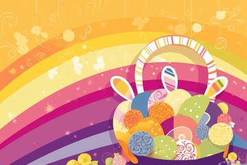 Fototapeta premium Easter Scrapbook Scrapbooking Stationary Colorful Background with Easter Bunny Eggs Basket Vector Illustration
