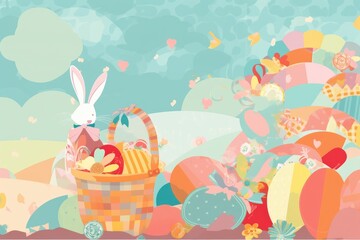 Easter Scrapbook Scrapbooking Stationary Colorful Background with Easter Bunny Eggs Basket Vector Illustration