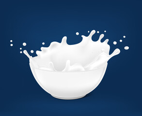 Bowl with milk splashes and drops. Vector illustration. Can be use for your design. EPS10.