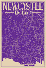 Colorful hand-drawn framed poster of the downtown NEWCASTLE, UNITED KINGDOM with highlighted vintage city skyline and lettering