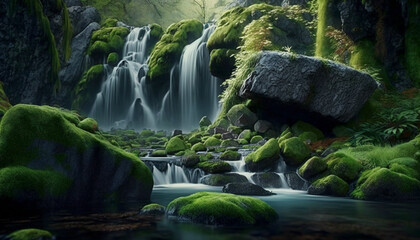 Fototapeta premium beautyfull Waterfall landscape with rocks covered.Generative AI.