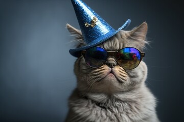 Festive animal, cat in a party hat with crackers and confetti in sunglasses, celebrates a birthday, holiday, postcard, invitation, generative ai