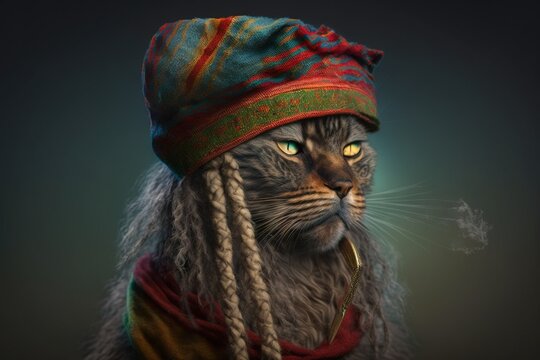 Portrait Rastaman cat with a cigarette and smoke, close-up, colored hat, isolated background, generative ai