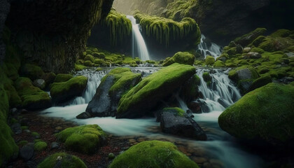 Naklejka na ściany i meble beautyfull Waterfall landscape with rocks covered.Generative AI.