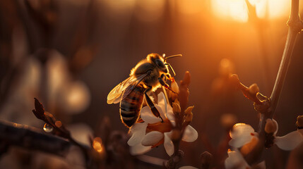 Macro photo of a bee on a honeycomb. golden lighting. National Honey Bee Day. generative AI - obrazy, fototapety, plakaty