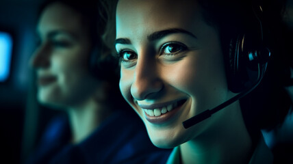 Young phone operator assiantece, smiling, headset, client assistance, service call, help. support, call answering , generative image