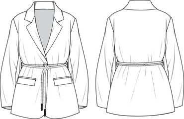 Women's Rope Belted Blazer Jacket. Technical fashion illustration. Front and back, white color. Women's CAD mock-up.