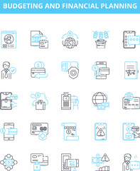 Budgeting and financial planning vector line icons set. Budget, Income, Expenses, Saving, Investing, Retirement, Debt illustration outline concept symbols and signs