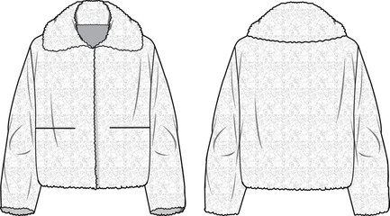 Women's Short Plush Fur Coat. Technical fashion illustration. Front and back, white color. Women's CAD mock-