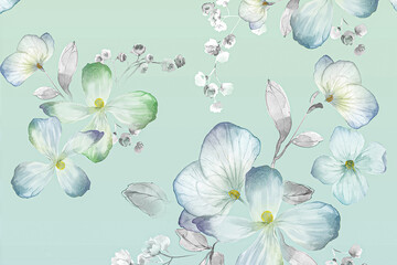 Watercolor, various flowers, leaves, trees, forest, beautiful