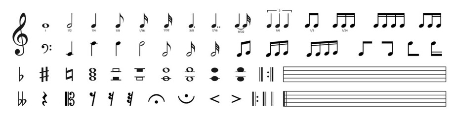 Set of musical notes. Black music note icons. Music elements. Treble clef. Vector illustration